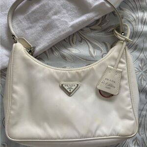 Prada Cream Nylon Shoulder Bag with Leather Trim